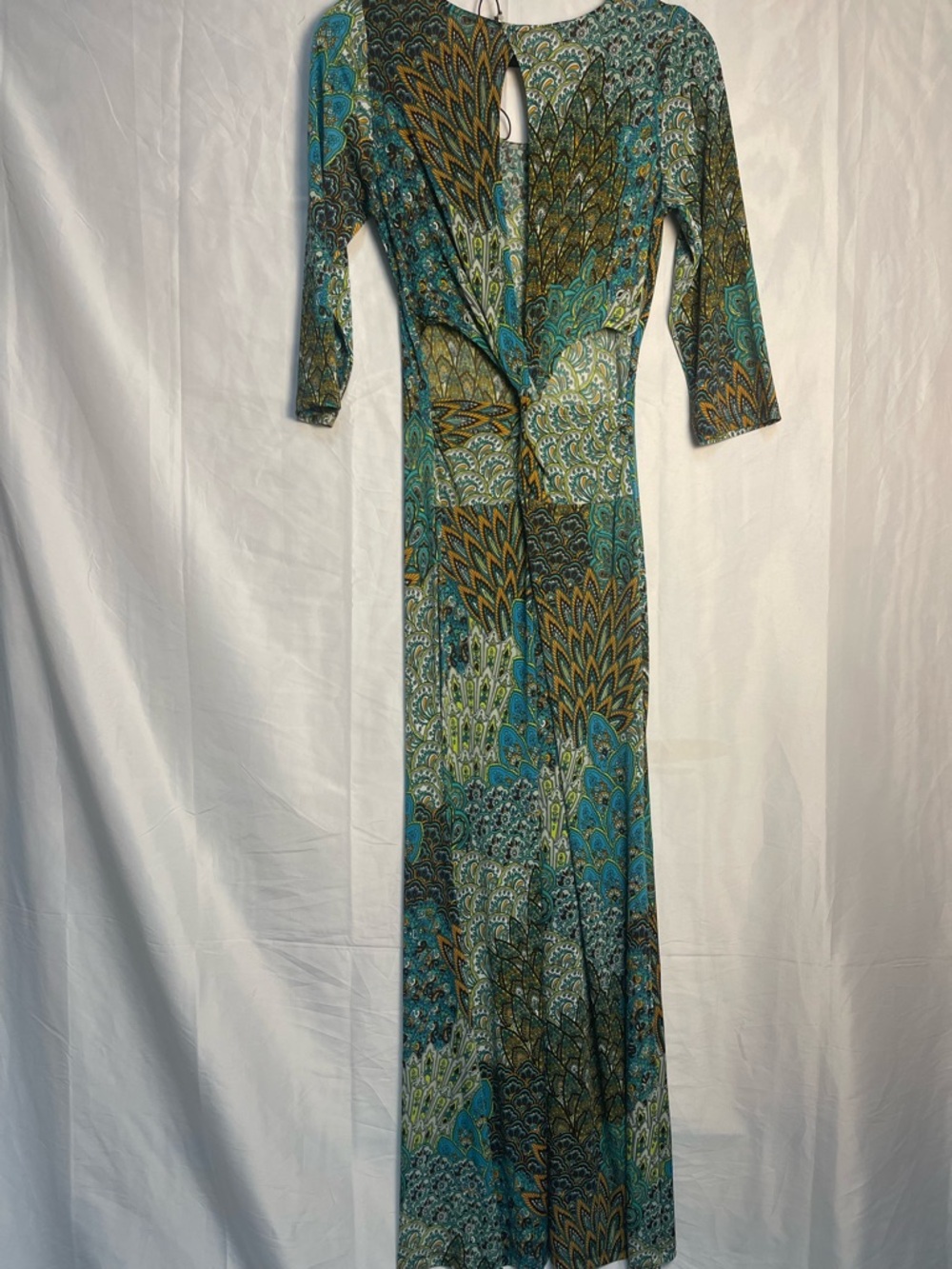 Teal Boho Printed Maxi Dress with Three-Quarter Sleeves Retro Resort